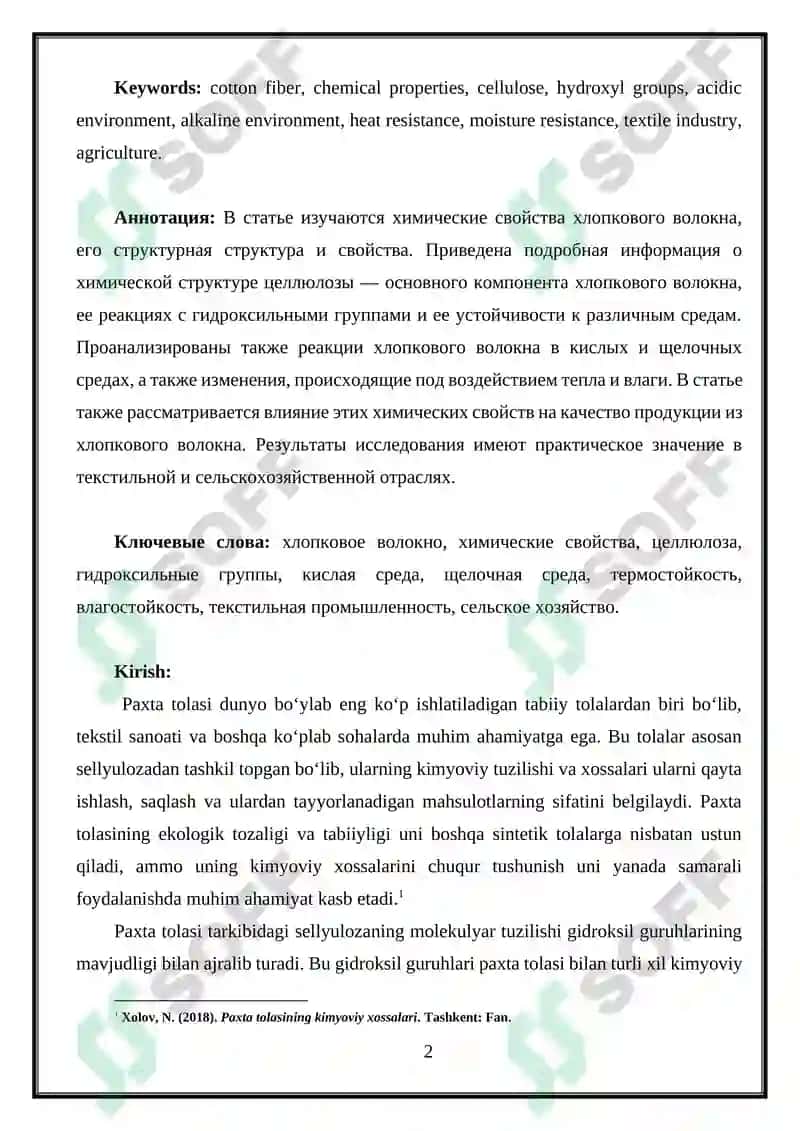 Paxta tolasining kimyoviy xossalari 2