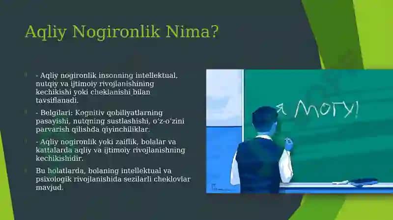 Aqliy nogironlikning turli shakllari etiologiyasi va patogenezi: aqli zaiflikning xronologik yoshi, zaiflik darajasi, aqliy, nutq va ijtimoiy faoliyat darajasi bo‘yicha rivojlanish xususiyatlari. 2