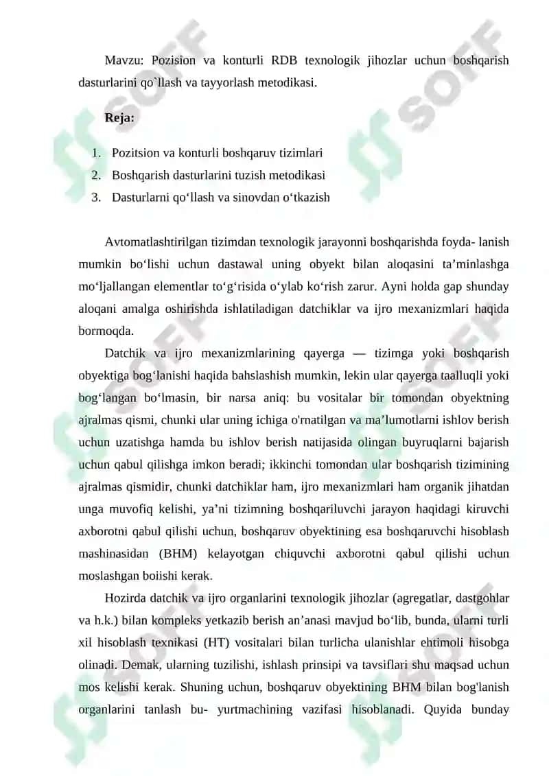Pozision va konturli RDB texnologik jihozlar uchun boshqarish dasturlarini qo`llash va tayyorlash metodikasi 2