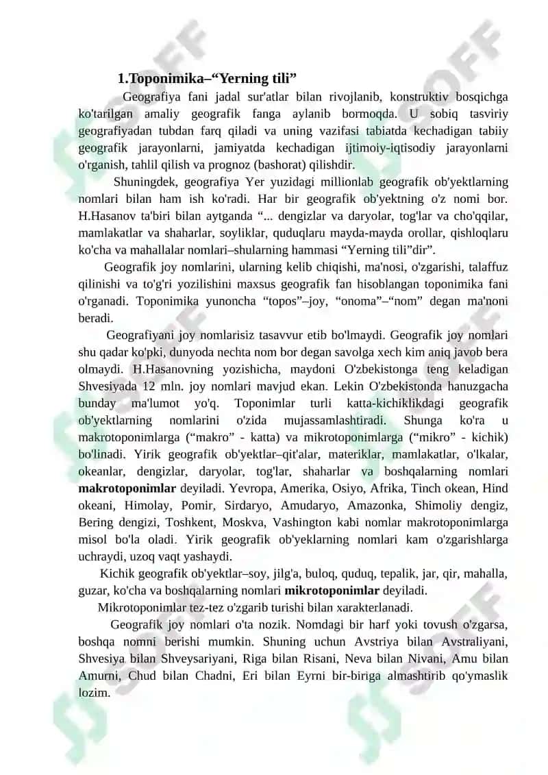 Mustaqil ish. Geografiya ta`limi va toponimika. 2