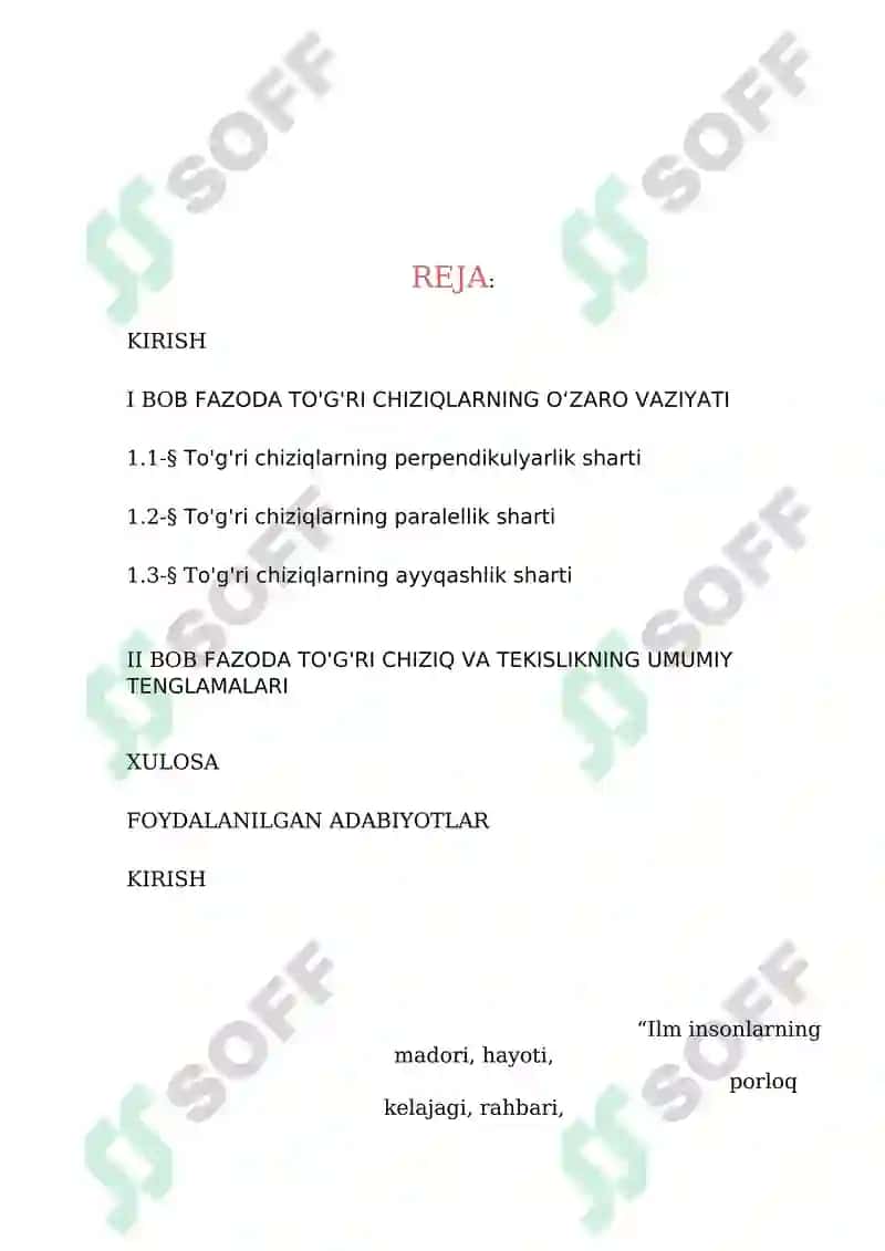 FAZODA TO'G'RI CHIZIQLARNING OʻZARO VAZIYATI
mavzusida ilmiy ish 2