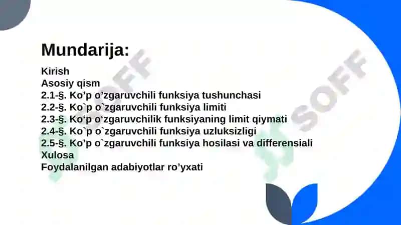 Ko`p o`zgaruvchili funksiya hosilasi va differensiali 2