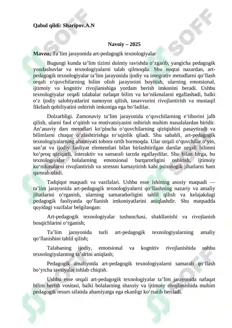 Esse.  Ta’lim jarayonida art-pedagogik texnologiyalar 2