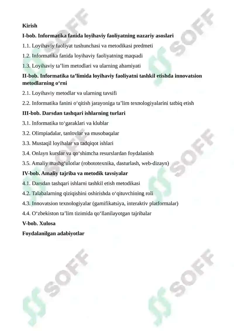 "Informatika fanidan loyihaviy faoliyatni tashkil etish metodikasi" mavzusida kurs ishi 2