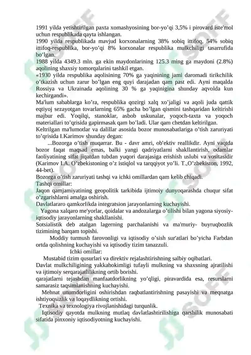 O'zbekiston Respublikasining bozor munosabatlariga o‘tish konsepsiyasi va strategiyasi 2