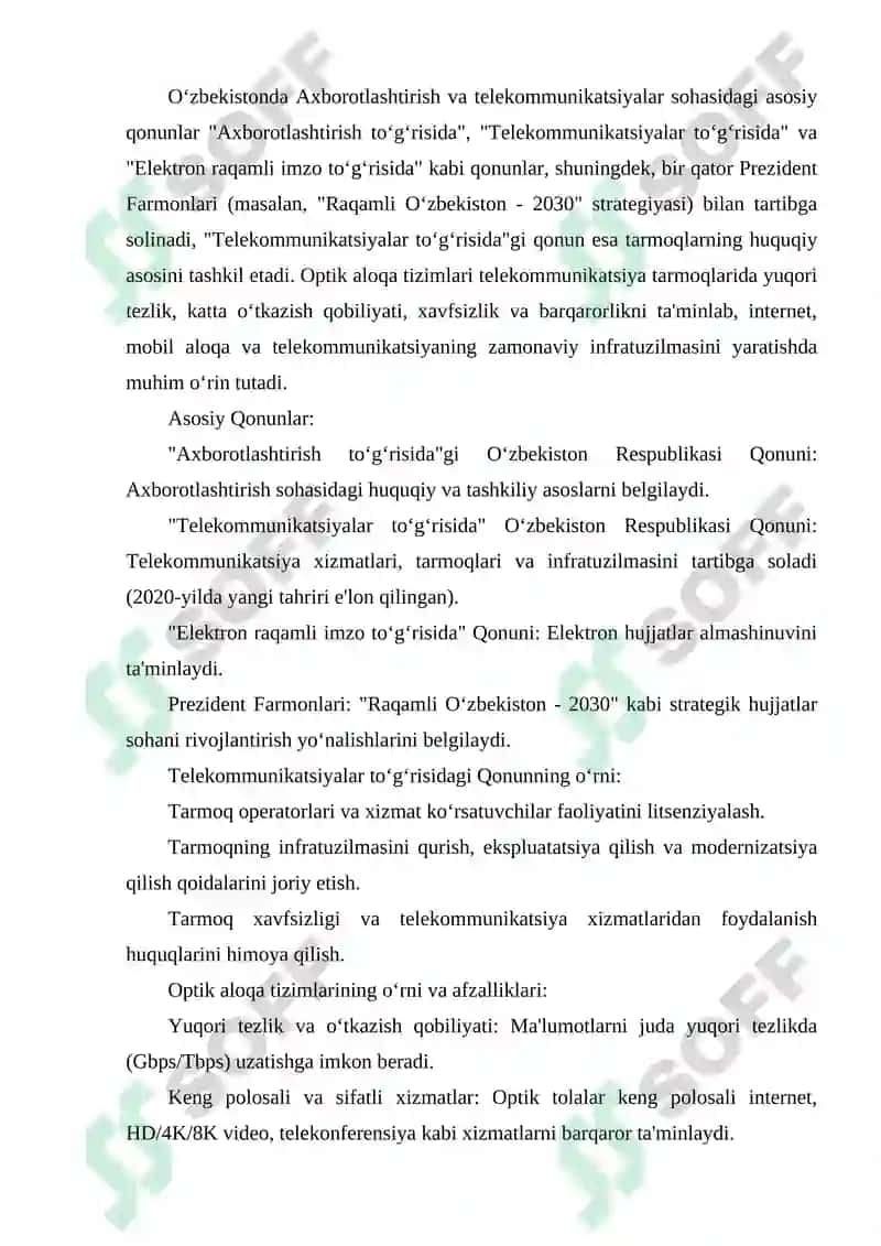 O‘ZRDA AXBOROTLASHTIRISH SOHASIDAGI ASOSIY QONUNLAR. TELEKOMMUNIKATSIYALAR TO‘G‘RISIDA QONUN. OPTIK ALOQA TIZIMLARINING TELEKOMMUNIKATSIYA TARMOQLARIDAGI O‘RNI VA AFZALLIKLARI. 2