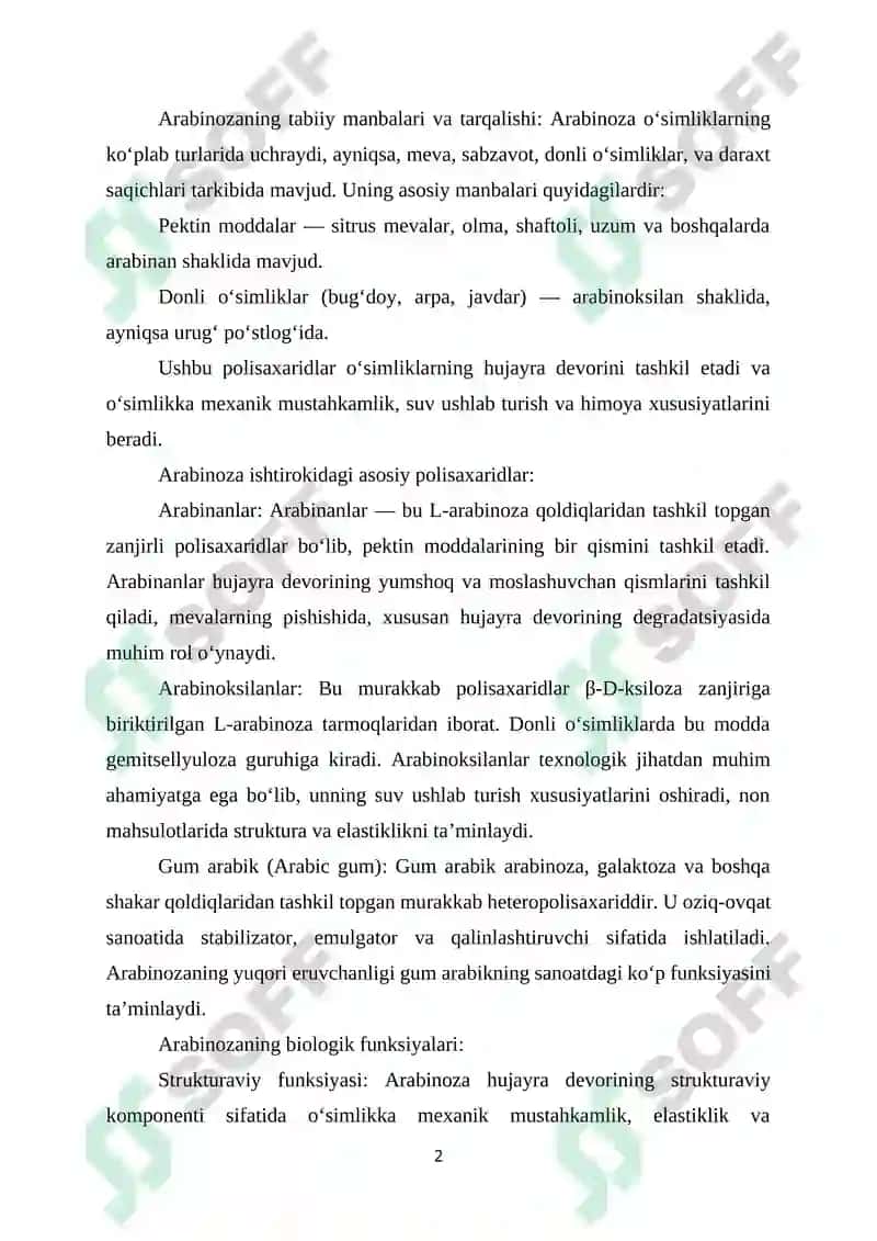 ARABINOZA: O'SIMLIK POLISAXARIDLARI TARKIBIDAGI MONOSAXARID 2