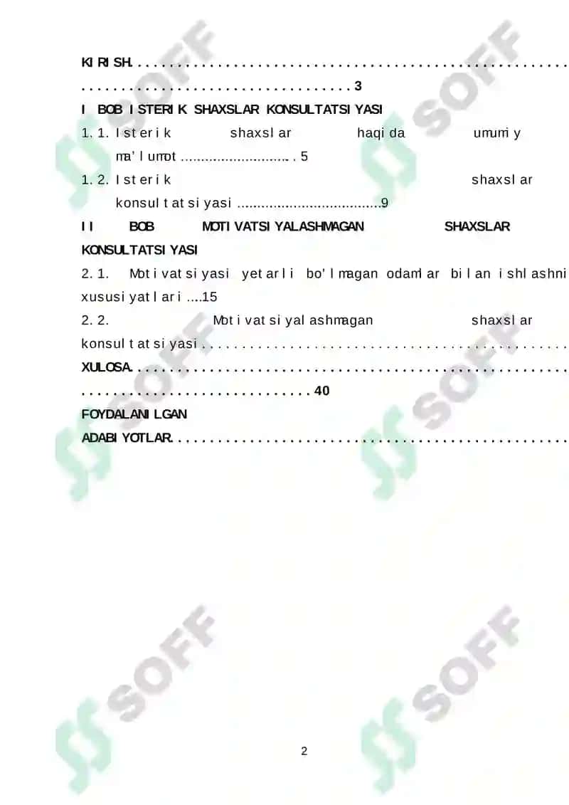 "Isterik shaxslar konsultatsiyasi. 'Motivatsiyalashmagan' patsientlar konsultatsiyasi" kurs ishi 2