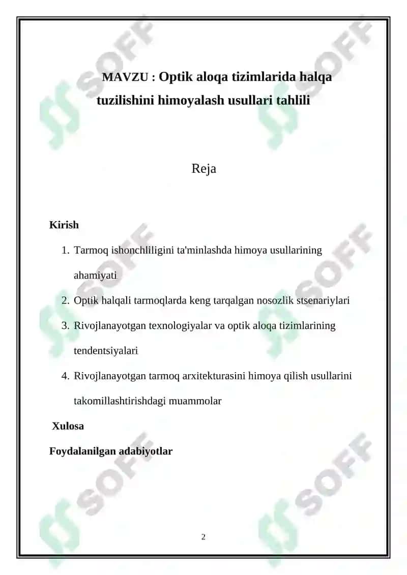 Optik aloqa tizimlarida halqa tuzilishini himoyalash usullari tahlili 2