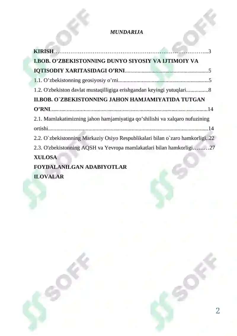 O’zbekistonning dunyo siyosiy xaritasida tutgan o’rni va roli kurs ishi 2