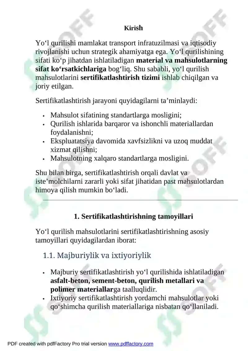 Yo‘l qurilish mahsulotlarini sertifikatlashtirishning tamoyillari va asosiy masalalari 2