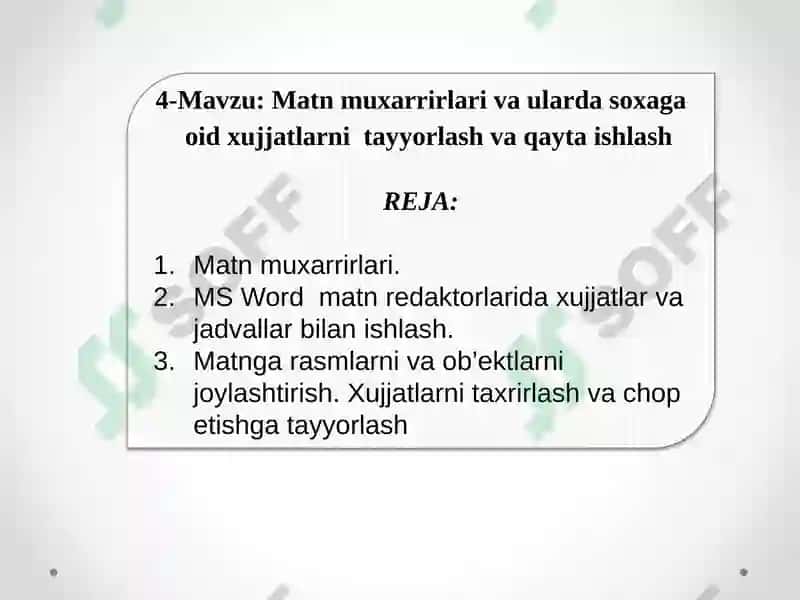 Matn muxarrirlari va ularda soxaga oid xujjatlarni tayyorlash va qayta ishlash 2