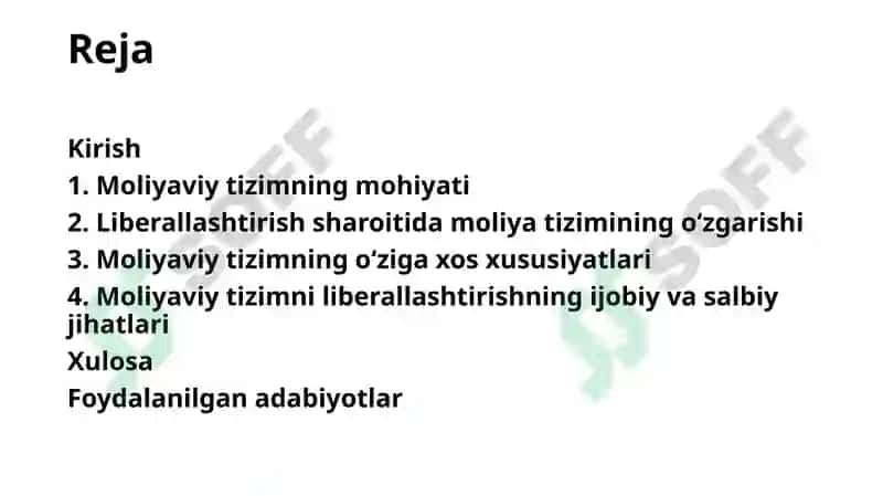 Iqtisodiyotni liberallashtirish sharoitida moliya tizimining mohiyati va o’ziga xos xususiyatlari 2