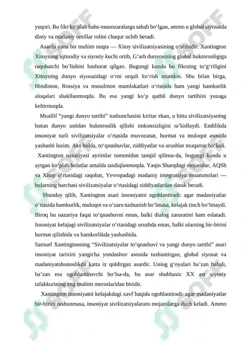 Samuel Hantingtonning “Sivilizatsiyalar to‘qnashuvi va yangi dunyo tartibi” 2