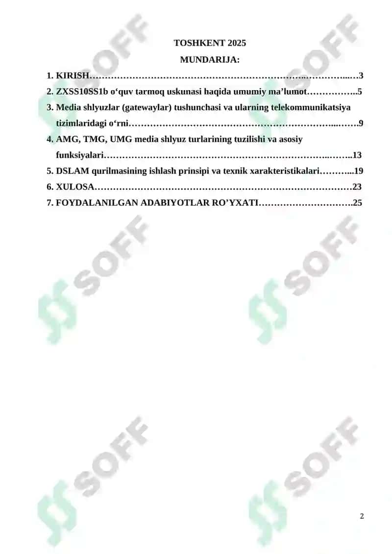 ZXSS10SS1b o'quv tarmoq uskunalari,media shlyuzlari turlarini o'rganish, AMG, TMG, UMG, DSLAM mediashlyuzlarining xarakteristikalari. 2
