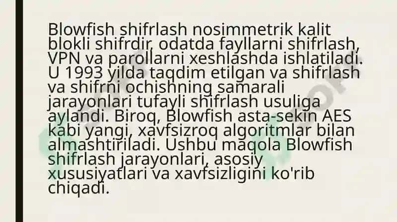 Zamonaviy simmetrik blokli shifrlar: Blowfish shifrlash algoritmi 2