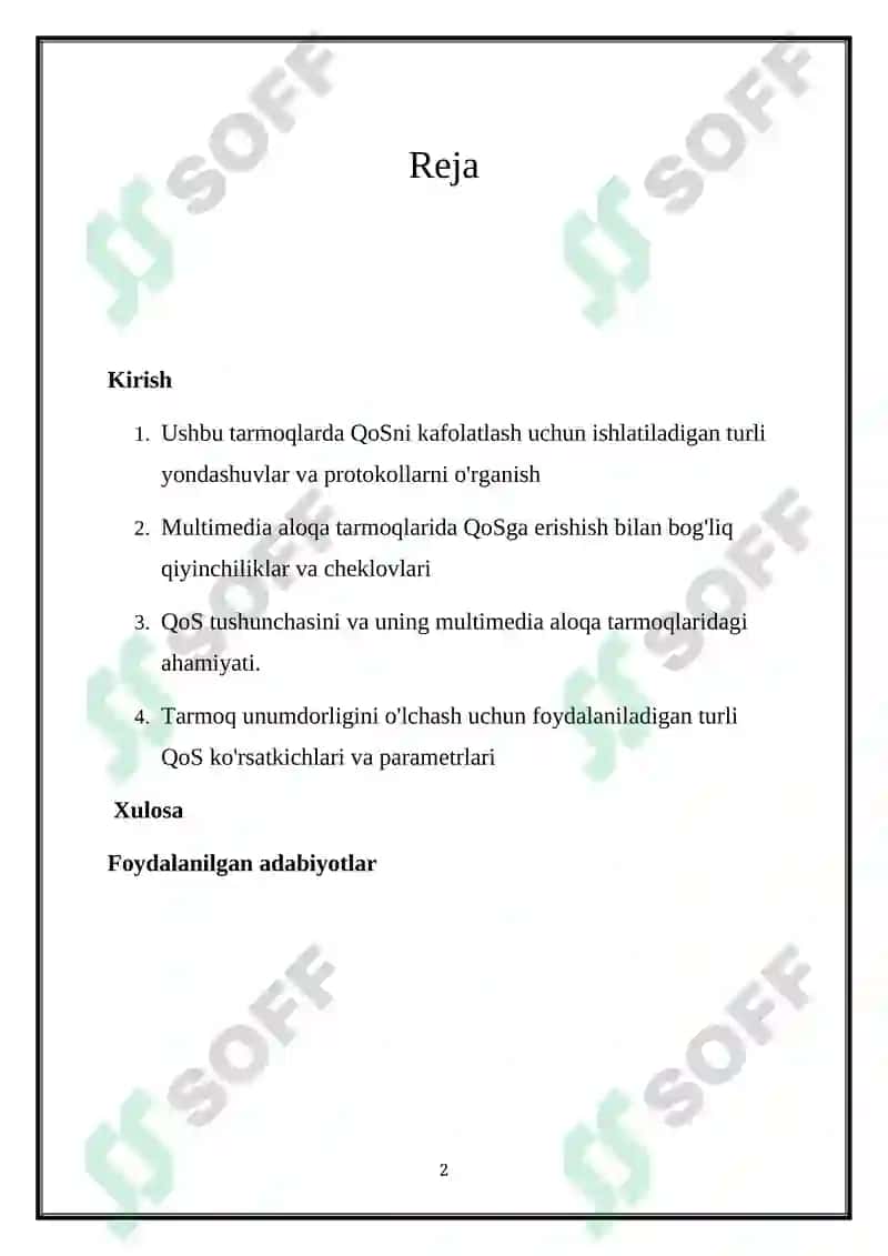 KAFOLATLANGAN XIZMAT MODELI. MULTIMEDIA ALOQA TARMOQLARIDA XIZMAT KO‘RSATISH SIFATI 2