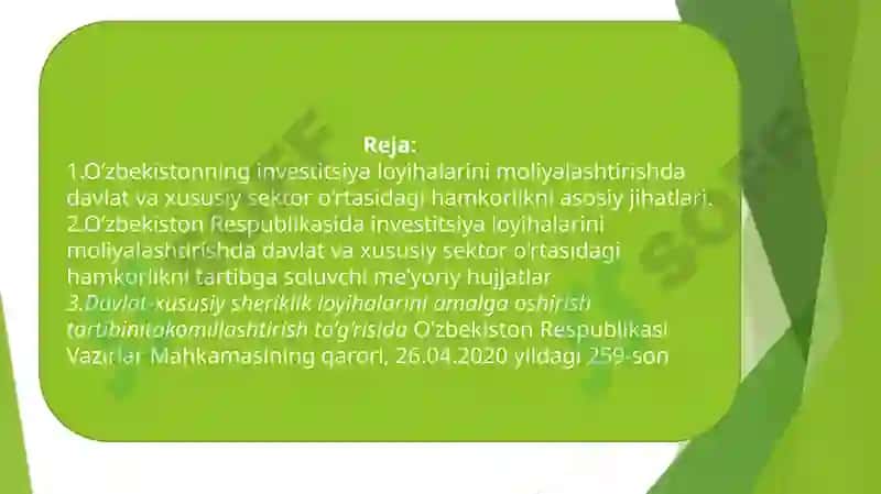 Investitsiya loyihalarini moliyalashtirishda davlat va xususiy sektor hamkorligi 2