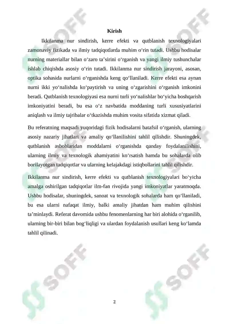 Ikkilanma nur sindirish, kerre efekti va qutblanish texnologiyalari 2
