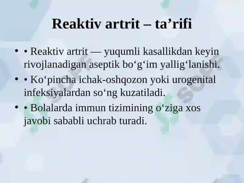 Reaktiv Artritlar va Rey Sindromi. Artrit 2