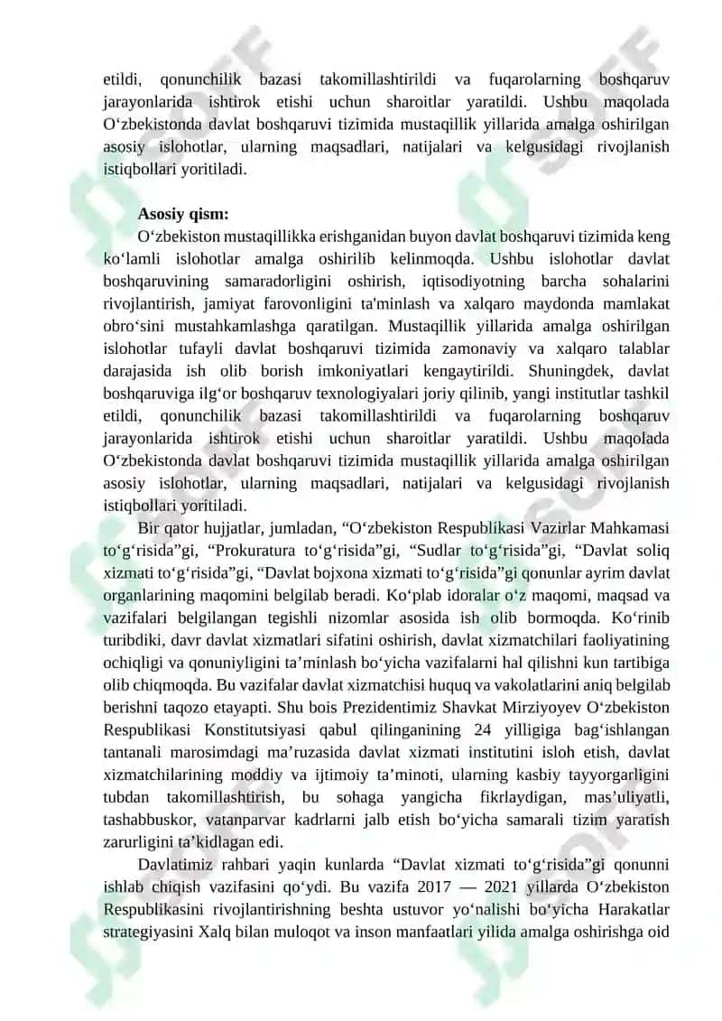MUSTAQILLIK YILLARIDA DAVLAT BOSHQARUVI TIZIMIDA AMALGA OSHIRILGAN ISLOHOTLAR 2