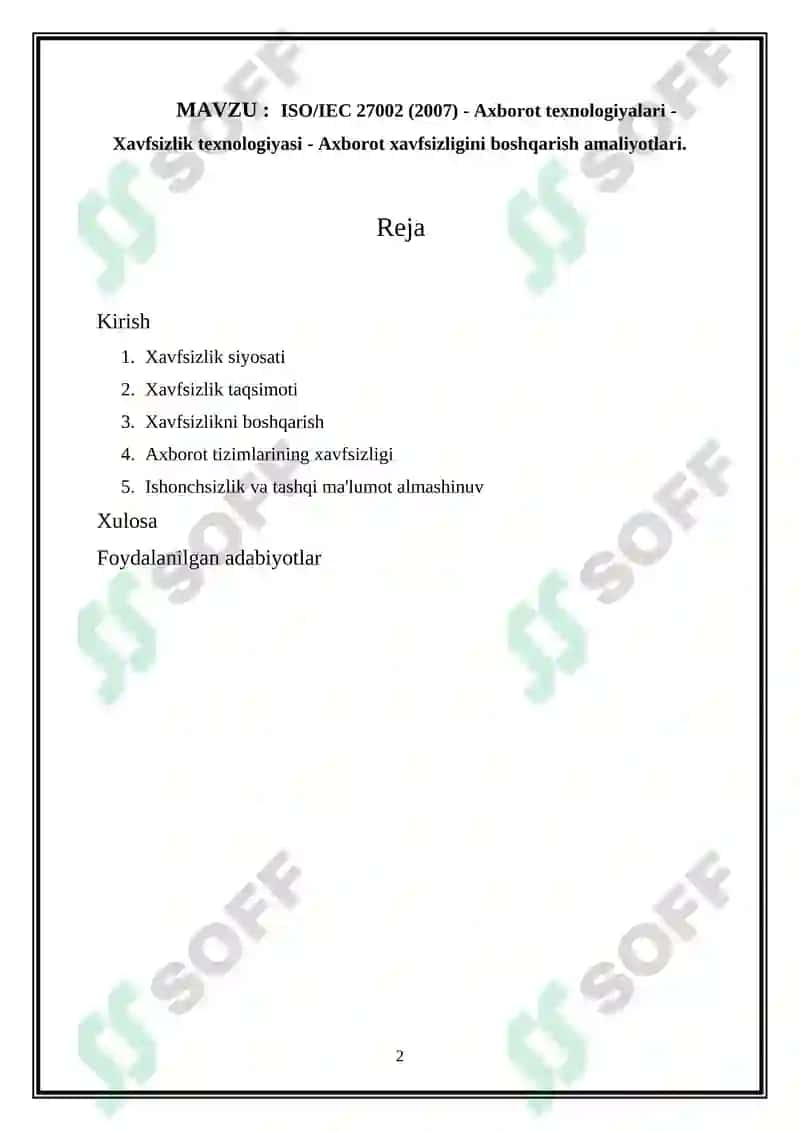ISO/IEC 27002 (2007) - Axborot texnologiyalari - Xavfsizlik texnologiyasi - Axborot xavfsizligini boshqarish amaliyotlari 2