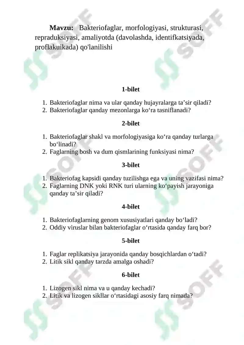 Bakteriofaglar, morfologiyasi, strukturasi, repraduksiyasi, amaliyotda (davolashda, identifkatsiyada, proflakuikada) qo'lanilishi 2