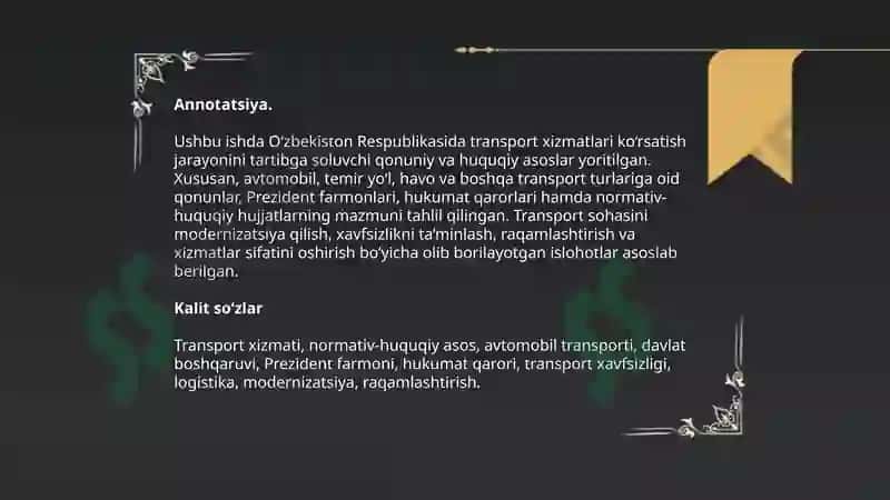 O‘zbekistonda transport xizmatining qonuniy-huquqiy asoslari 2