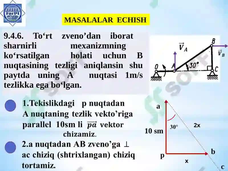 Tezliklar plani va tezlanishlar plani yo’rdamida jism nuqtalarining tezlik va tezlanishini aniqlash 2