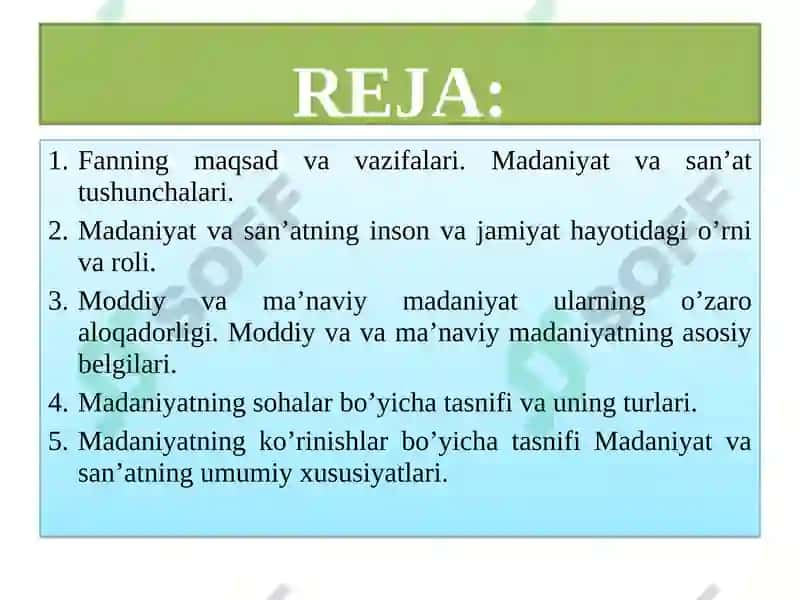KIRISH. O'ZBEKISTONNING MADANIYATI VA SAN'ATI TARIXI FANINING MAQSADI VA VAZIFALARI. 2