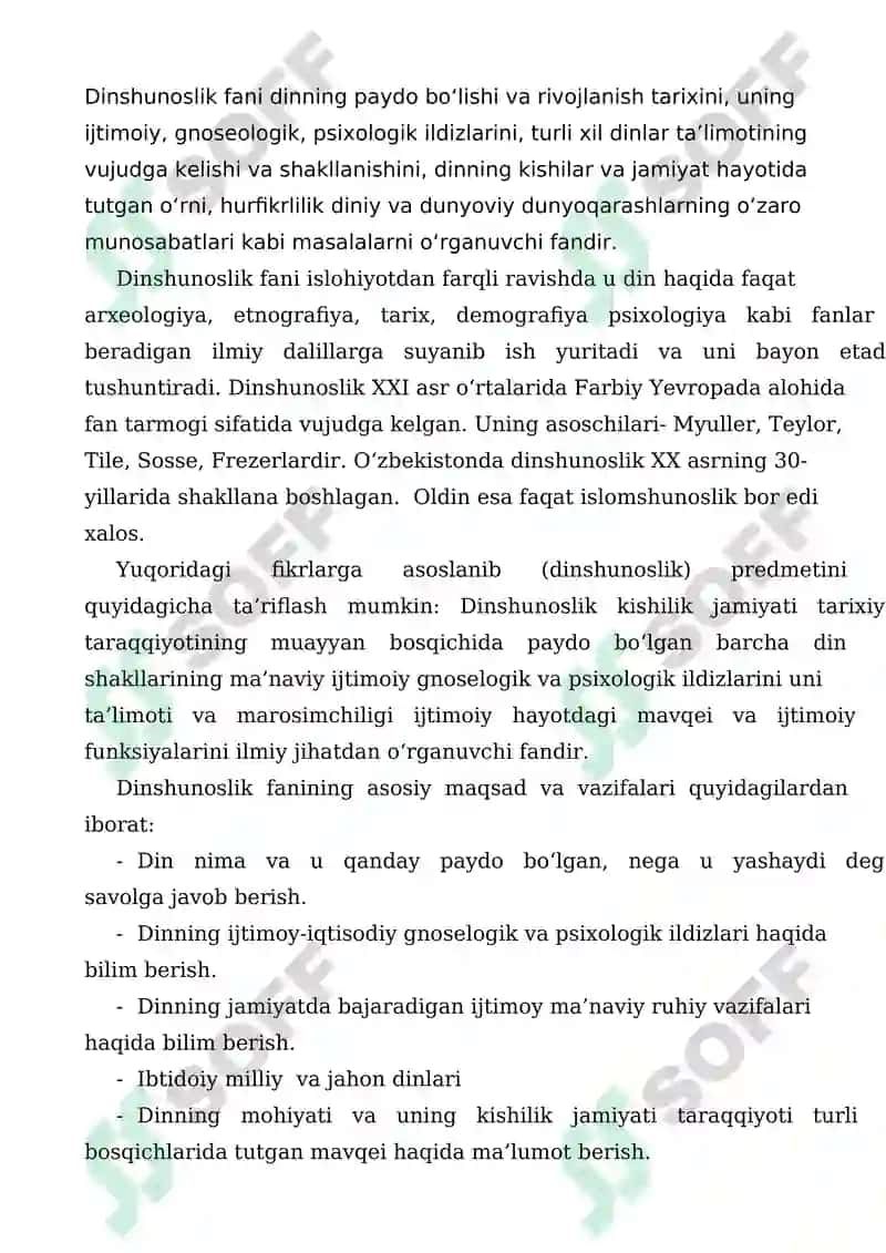 Dinshunoslik asoslari fanining predmeti, maqsad va vazifalari 2