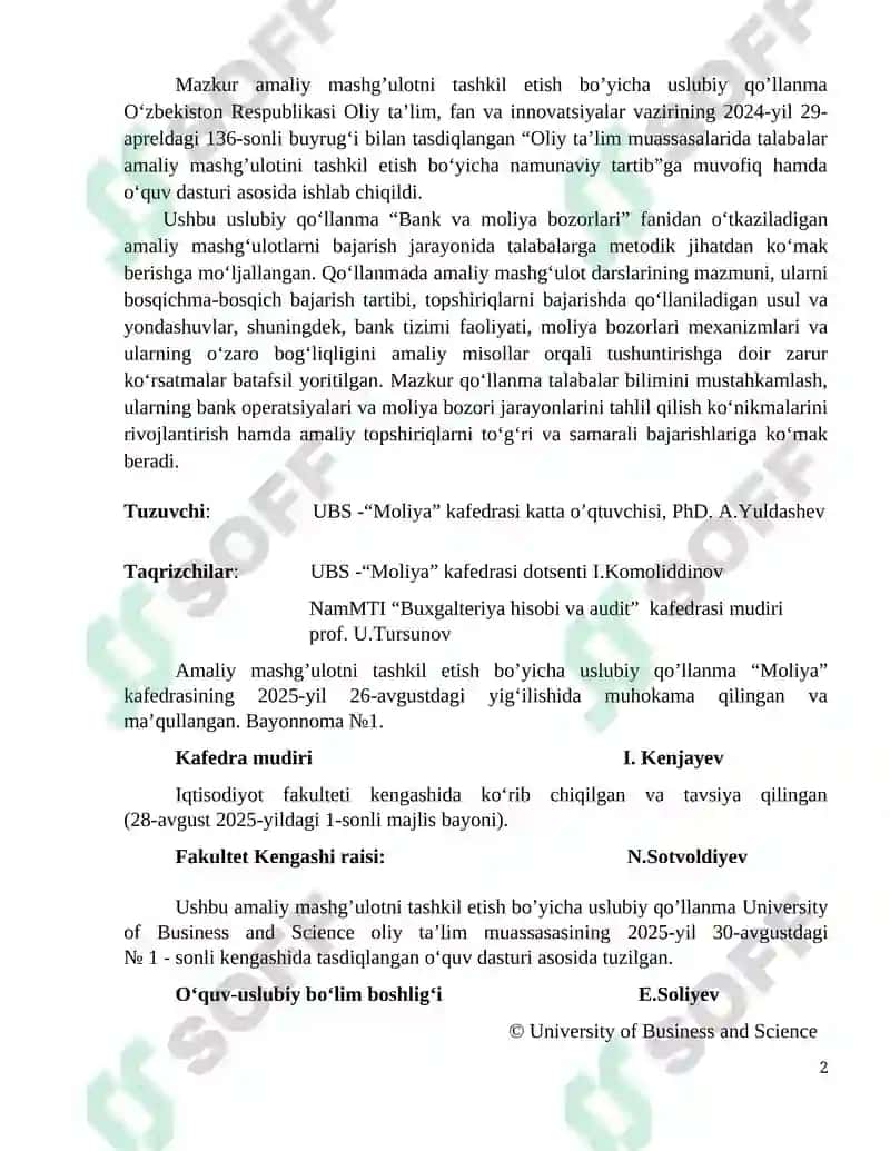 BANK VA MOLIYA BOZORLARI Amaliy Mashg'ulotlari 2