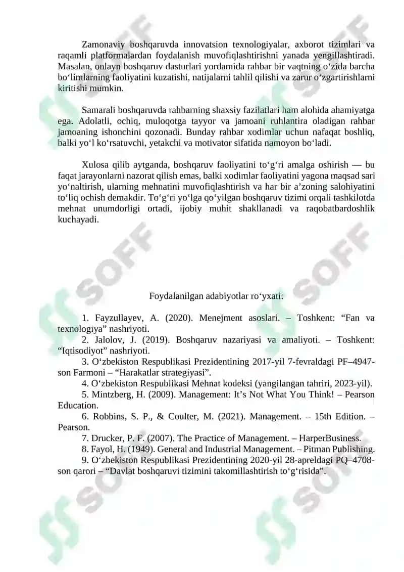 Boshqaruv faoliyatini to‘g‘ri amalga oshirish xodimlar faoliyatini samarali boshqarish va ,muvofiqlashtirish. Maqola 2