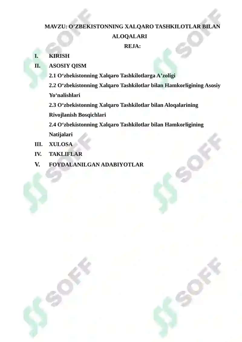 O'ZBEKISTONNING XALQARO TASHKILOTLAR BILAN ALOQALARI 2