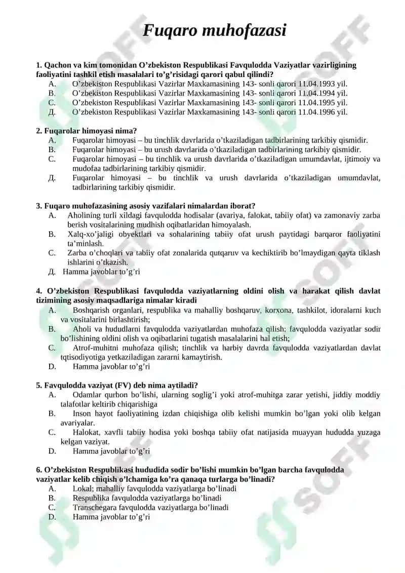 Chaqiruvga qadar boshlang’ich tayyorlik fanidan TEST SAVOLLARI 2