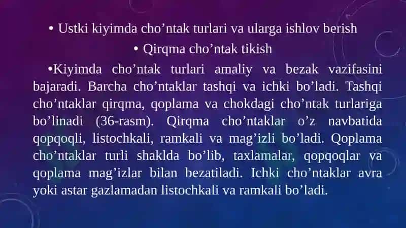 Ayollar va bola kiyimlari dacho'ntaklarga ishlov berish 2