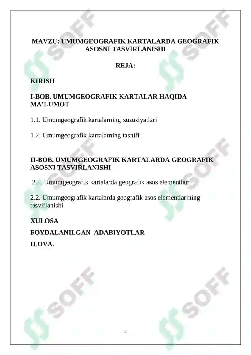 UMUMGEOGRAFIK KARTALARDA GEOGRAFIK ASOSNI TASVIRLANISHI KURS ISHI 2
