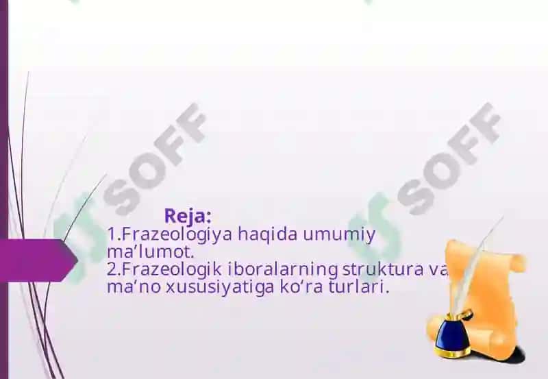 Frazeologiya  haqida  ma’lumot.  Frazeologizm  til  va  nutq  birligi sifatida.  Frazeologik  iboralarning ma’no  xususiyatlariga ko‘ra asosiy  belgilari  va turlari. 2