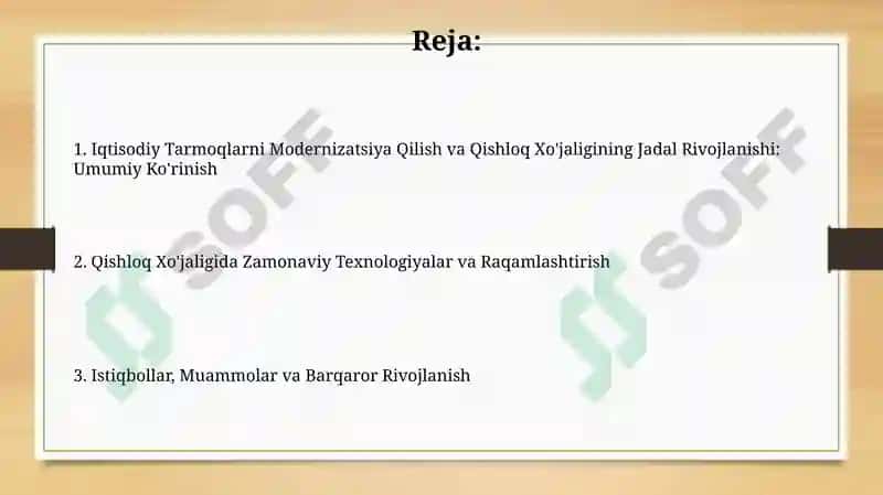 Iqtisodiy tarmoqlarni modernizatsiya Qilish va Qishloq Xo'jaligining Jadal Rivojlanishi 2