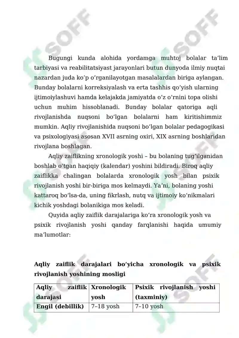 Aqliy  nogironlikning  turli  shakllari  etiologiyasi  va  patogenezi:  aqli zaiflikning  xronologik  yoshi,  zaiflik  darajasi,  aqliy,  nutq  va  ijtimoiy  faoliyat darajasi bo‘yicha rivojlanish xususiyatlari 2