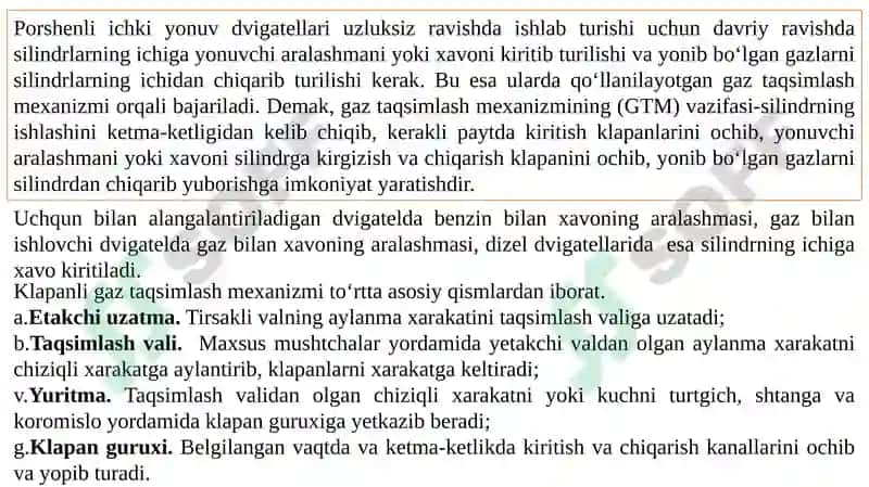 Traktorlar va Transport Vositalari Dvigatellarining Gaz Taqsimlash Mexanizmi 2