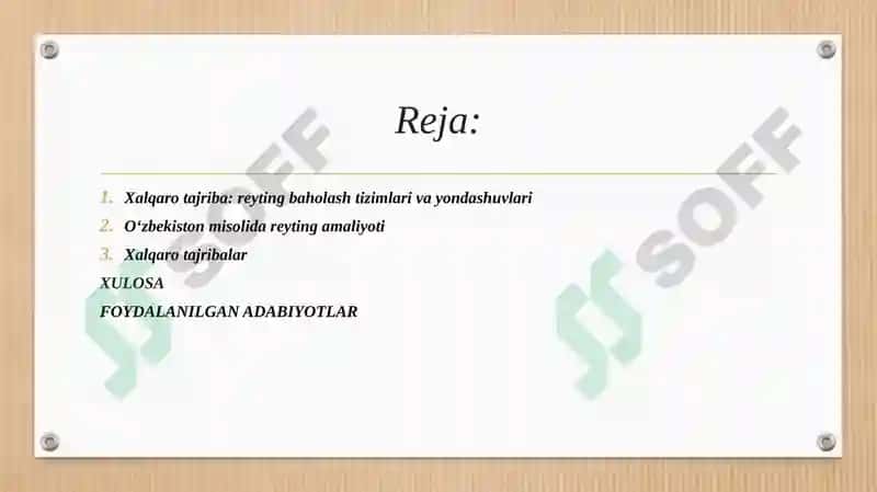 Moliyaviy holatni reyting baholash bo‘yicha xalqaro tajribalar va ulardan mamlakatimiz tahlil amaliyotida foydalanish imkoniyatlari. 2