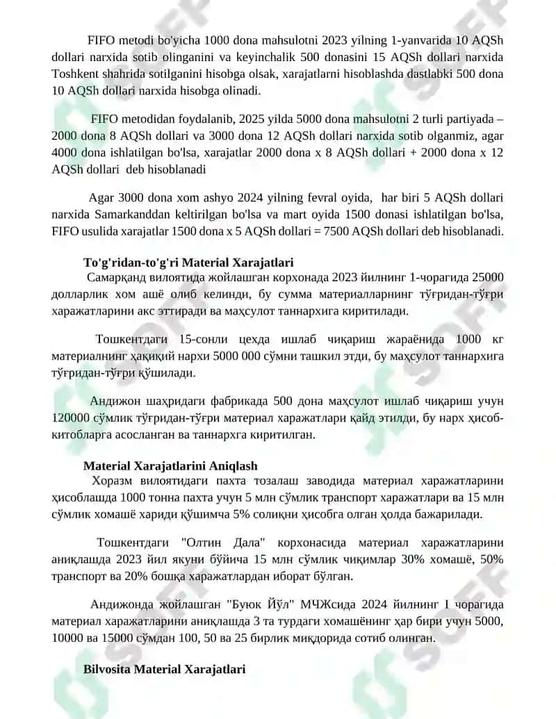 Material xarajatlarini tannarxga o'tkazish tartibi 2