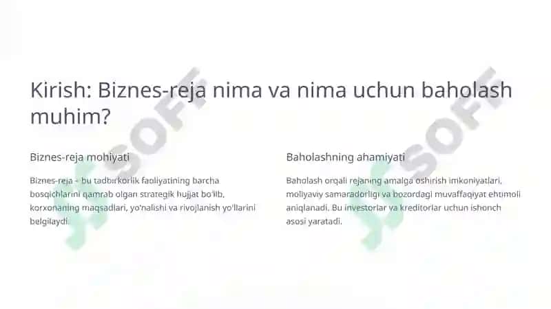 Biznes-rejaning Asosiy Bo'limlarini Baholash Usullari 2