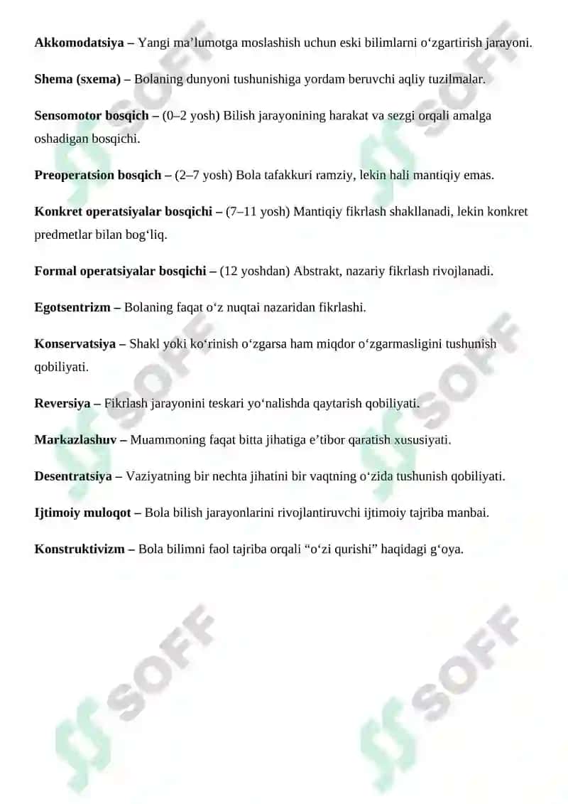 Psixologiyada qo‘llaniladigan yordamchi metodlar va J. Piaje rivojlanish nazariyasi bo’yicha glossariy 2