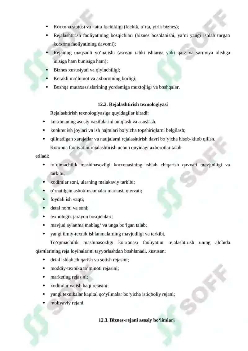 Korxona biznes-rejasi va uning asosiy bo‘limlari 2