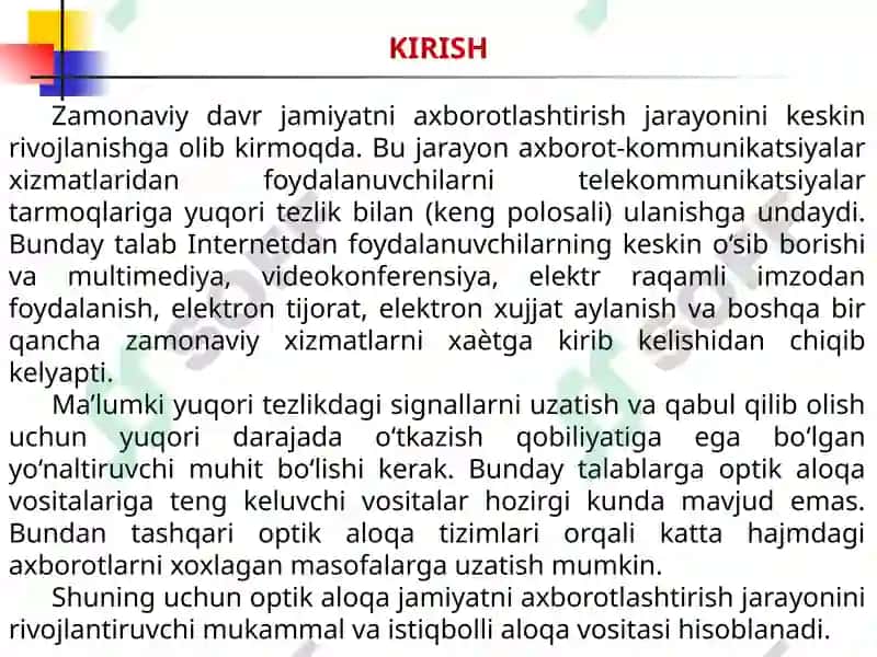 Optik aloqa tizimlari 2