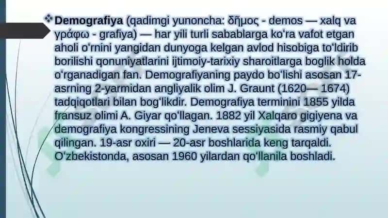 Aholi orasida demografik jarayon va demografik ko’rsatkichlarni hisoblash usullari 2