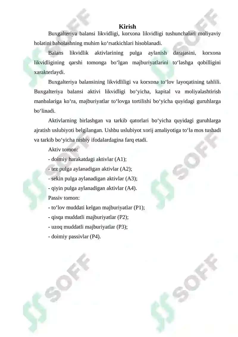 Buxgalteriya balansi moddalarining likvidlilik bo‘yicha turkumlanishi 2