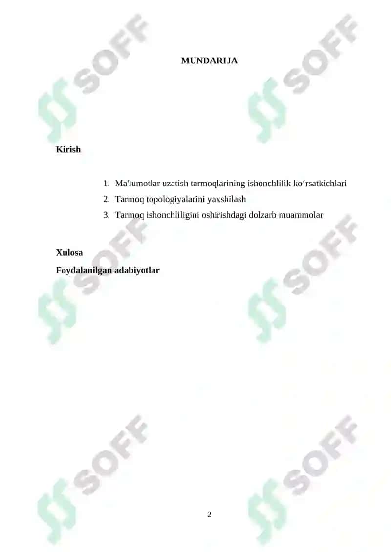 Ma’lumotlar uzatish tarmoqlarining ishonchlilik ko`rsatkichlariga talablar va ularni oshirish usullari. Ma’lumotlar uzatish tarmoqlarida monitoring usullari va protokollari 2